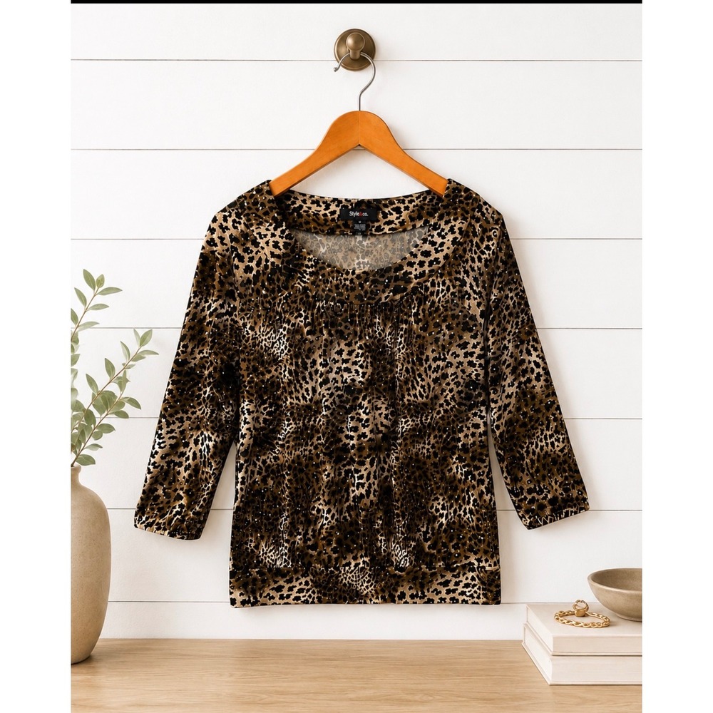 Style & Co Leopard Print Embellished Top Size M 3/4 Sleeve Blouse